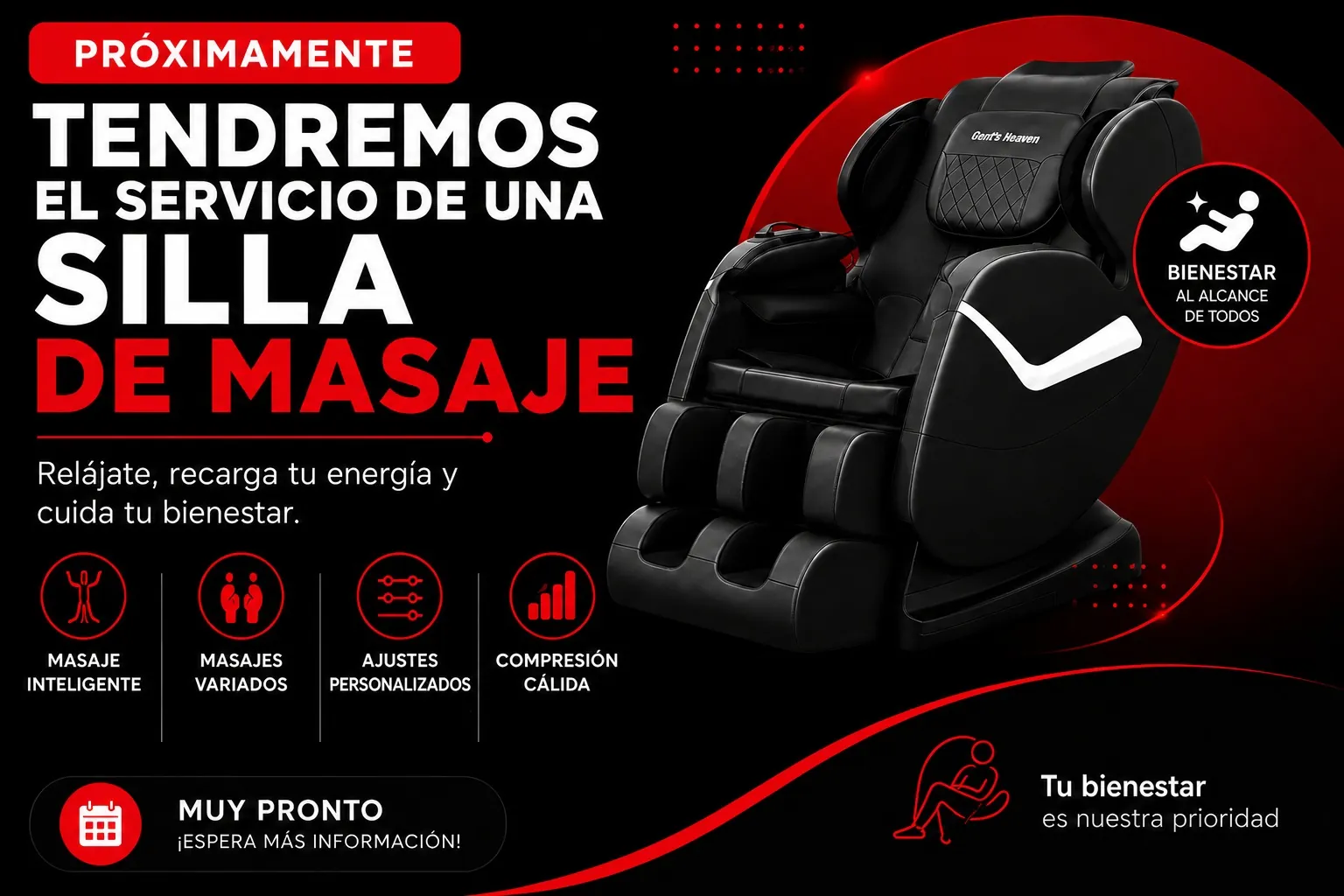 Próximamente - Servicio de Silla de Masaje en Gent's Heaven. Relájate, recarga tu energía y cuida tu bienestar.